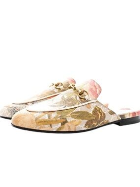Gucci Floral Horsebit Canvas Mules in Beige, Pink & Green
